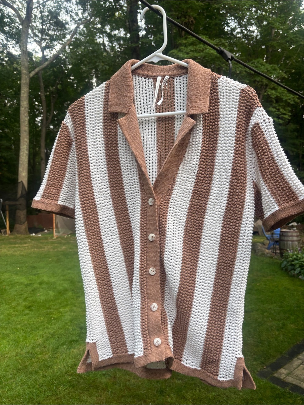 Anthropologie Brown and White Short-Sleeve Knit Stripe Cardigan